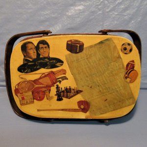 Vintage Decoupage Woven Basket Box Purse Frank Sinatra Dean Martin Poker Sports